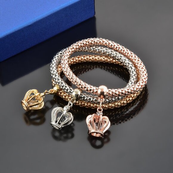Elegant Crown Charm Bracelets – Set of Three in Gold, Silver & Rose Gold - Picture 7 of 7
